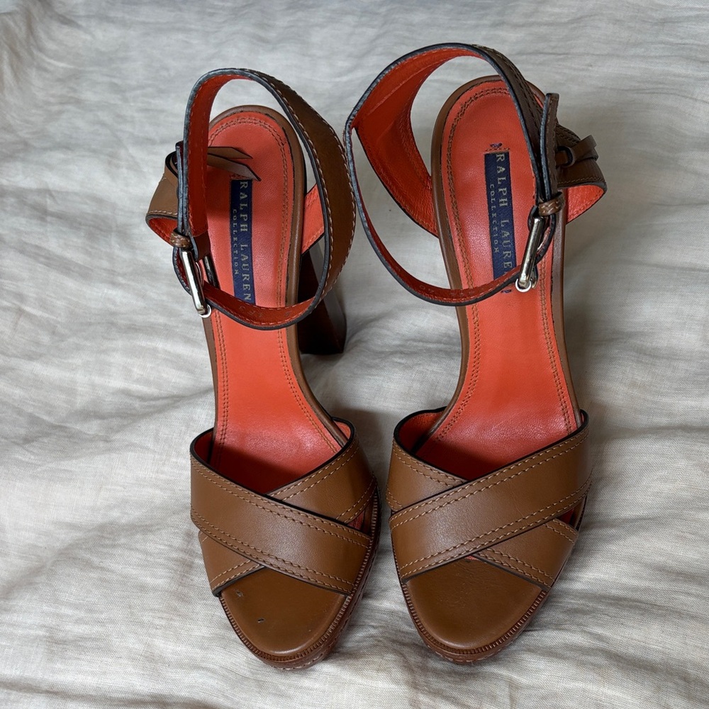 Ralph Lauren Brown Leather Cross-Strap Ankle-Heel Sandals with Orange Insole